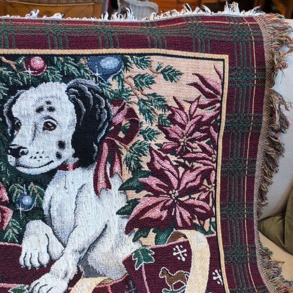Vintage Crown Craft Dalmatian Puppies Under Christmas Tree Woven Tapestry Throw - Picture 7 of 11